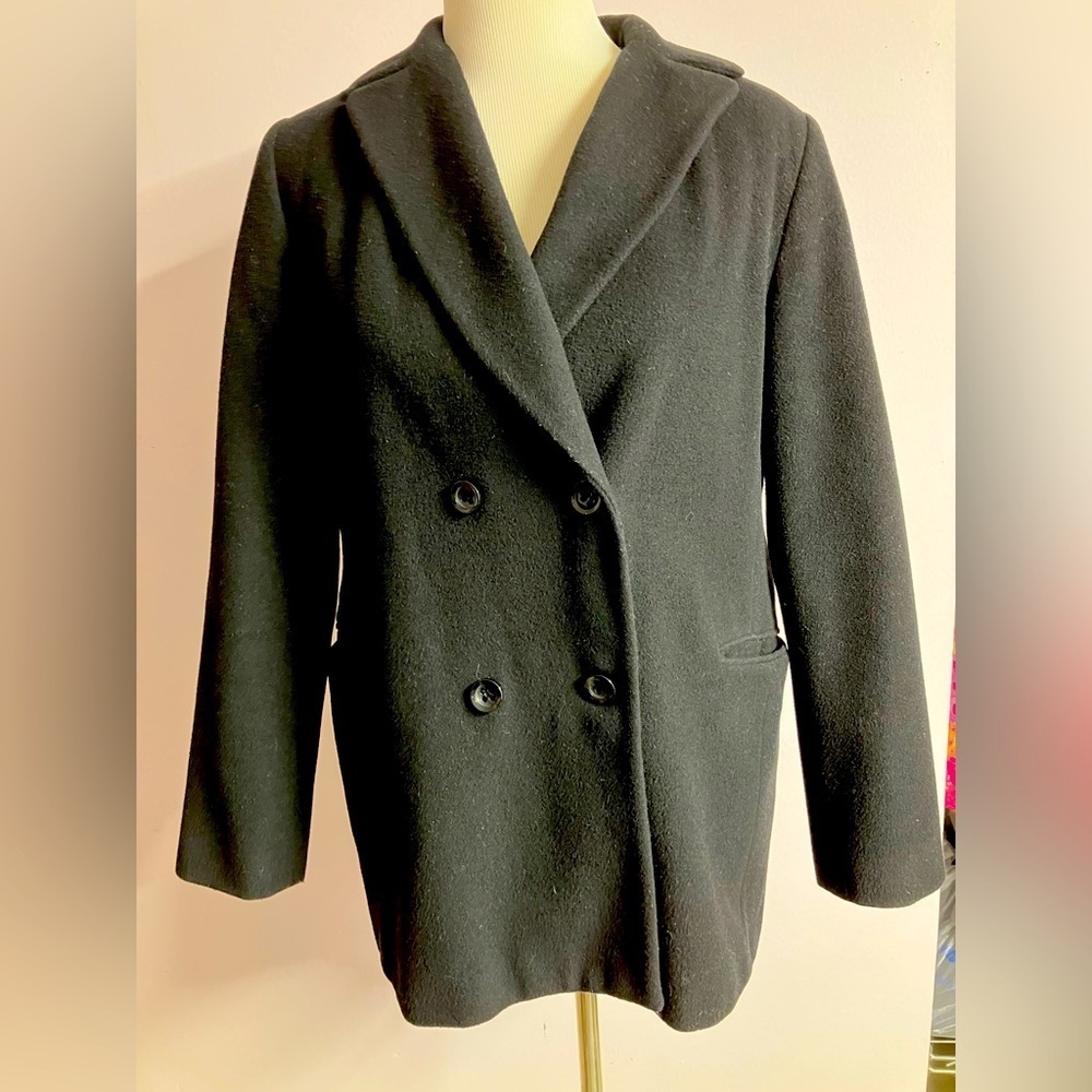 Women’s Dbl Breasted Wool/Cashmere Pea Coat, Black, Sz 8, Harve’ Benard